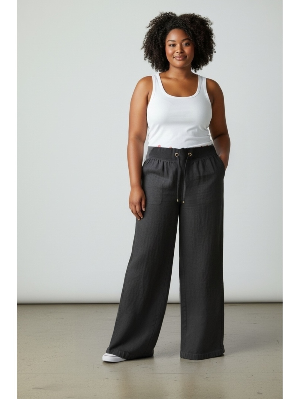 Lilly Pulitzer Black 100% Linen Wide Leg Drawstring Pants Womens Size XL